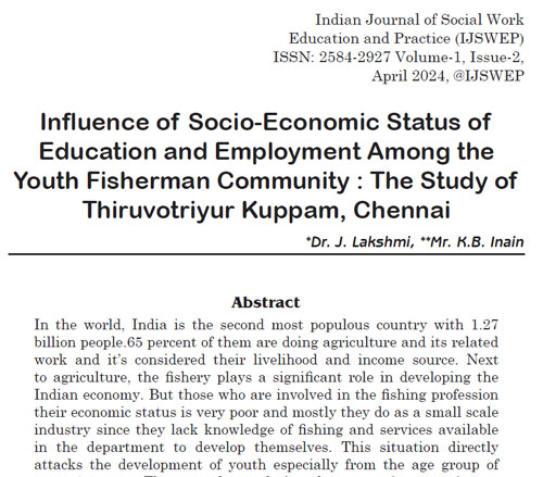 04 Influence of Socio-Economic Status of Education and Employment Among the Youth Fisherman Community : The Study of Thiruvotriyur Kuppam, Chennai